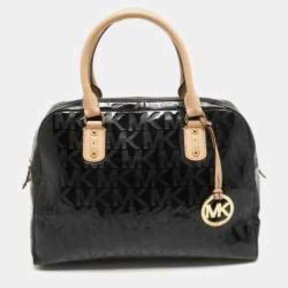 MICHAEL Michael Kors Black Signature Patent Leather Satchel with Gold MK Charm - Picture 3 of 8
